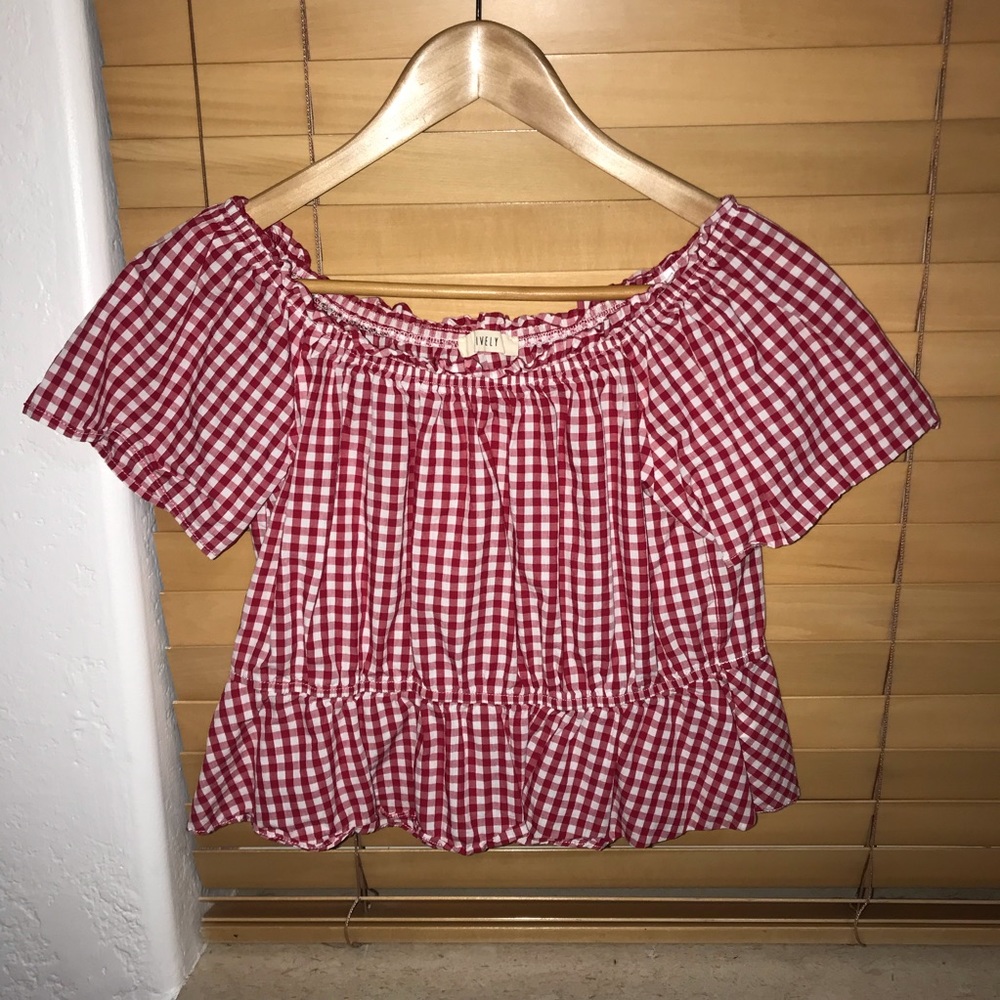 Red and white gingham off the shoulder top